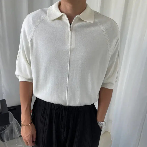 [BUNJANG] Men's White Half-Zip Short-Sleeve Knit / 남자 화이트 반집업 반팔 니트