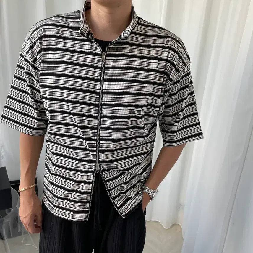 [BUNJANG] Men's Striped Full Zip Knit / 남자 스트라이프 풀집업 니트