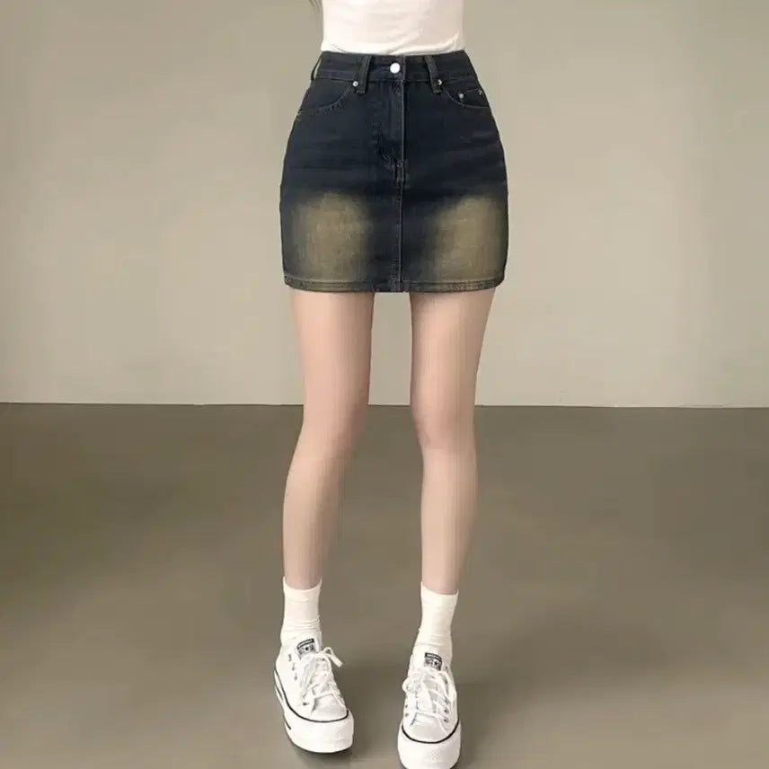 [BUNJANG] Andmore Vintage Washed Denim Mini Skirt High Waist / 앤드모어 빈티지 워싱 데님 미니스커트 하이웨스트 에이블리