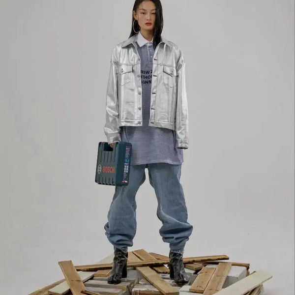 [BUNJANG] More Than Dope Silver Denim Trucker Jacket / More than dope 몰댄돕 실버 데님 트러커