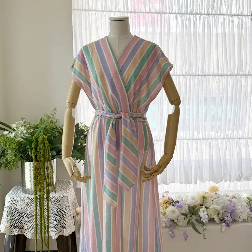 [BUNJANG] US Vintage Pastel Stripe Wrap Dress / 미국 빈티지 파스텔 샤벳 원피스