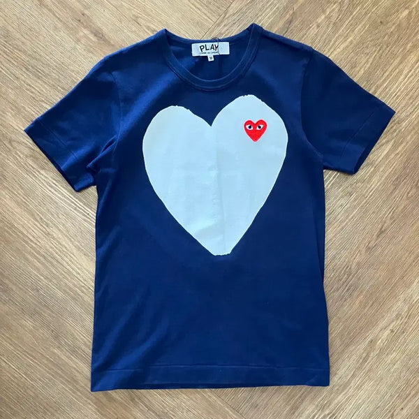 [BUNJANG] Comme des Garçons Play Printed Short Sleeve T-Shirt Navy / N311 꼼데가르송 프린트 화이트 하트 레드 하트 반팔 네이비 백화점판