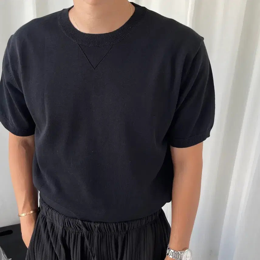 [BUNJANG] Men's Black Round Neck Short Sleeve Knit / 남자 블랙 라운드 반팔 니트