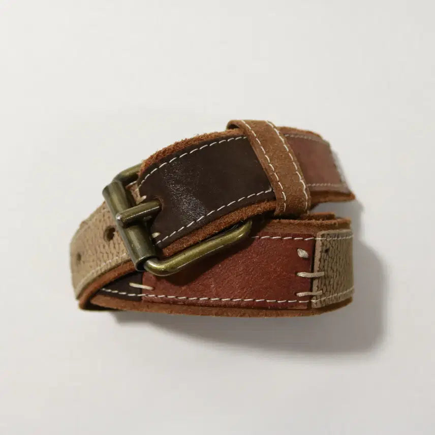 [BUNJANG] Vintage Hand-Stitched Patchwork Suede Belt (26-30 inches) / [26~30인치] 빈티지 핸드 스티치 패치워크 스웨이드 벨트