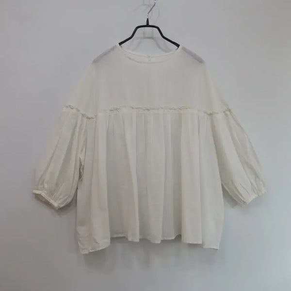 [BUNJANG] White Frill Shirring Linen Blouse / 화이트 프릴 셔링 린넨 블라우스