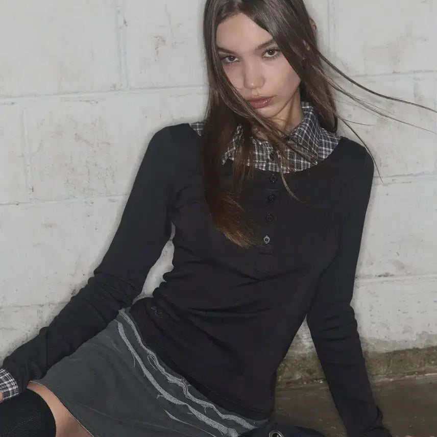 [BUNJANG] Fancy Club Layered Long Sleeve T-Shirt Black / 팬시클럽 셔츠 레이어드 롱슬리브 긴팔 티셔츠 블랙