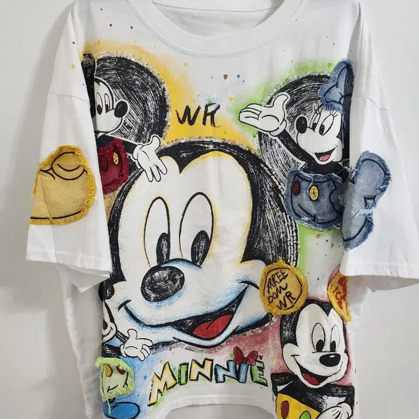 [BUNJANG] Disney Mickey & Minnie Sequined T-Shirt / 디즈니 미키미니마우스 스팽글 프린팅 반팔티셔츠<새상품>