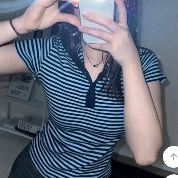 [BUNJANG] Striped Cropped Hoodie Short Sleeve / 몸매 보정 스트라이프 후드 반팔_실착 2회