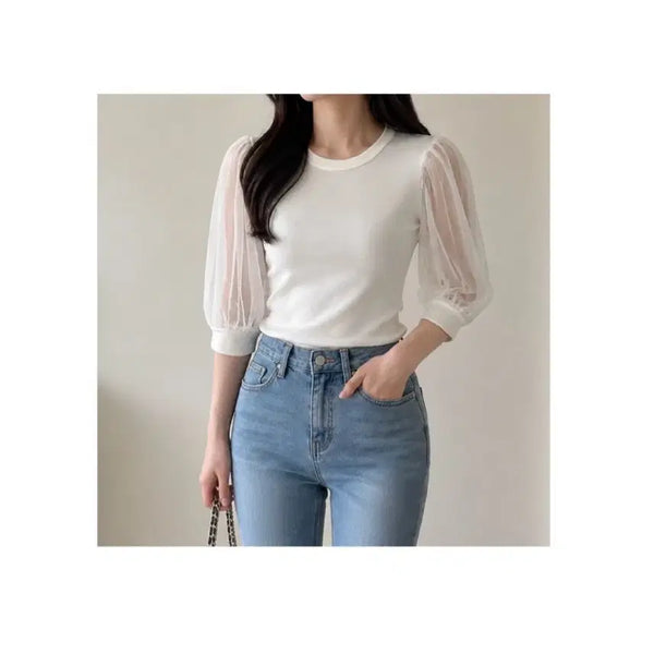 [BUNJANG] Sheer Puff Sleeve Spandex Knit Top / 시스루 퍼프 소매 스판 니트