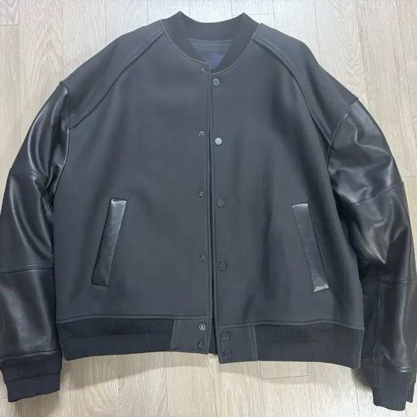 [BUNJANG] Juun.J Lambskin Varsity Bomber Jacket Grey (Size 50) / [50] 준지 램스킨 바시티 점퍼 그레이 (48교환가능)