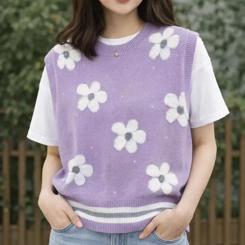 [BUNJANG] General Idea Unisex Boucle Flower Knit Vest S / 남여공용 제너럴아이디어 부클플라워 조끼 니트 베스트 S