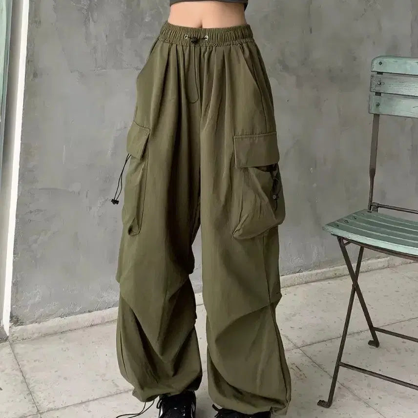 [BUNJANG] Unisex Khaki Cargo Jogger Pants - Wide Fit (Size M) / 카키색 카고 조거팬츠 와이드팬츠 M사이즈 여름바지 남녀공용