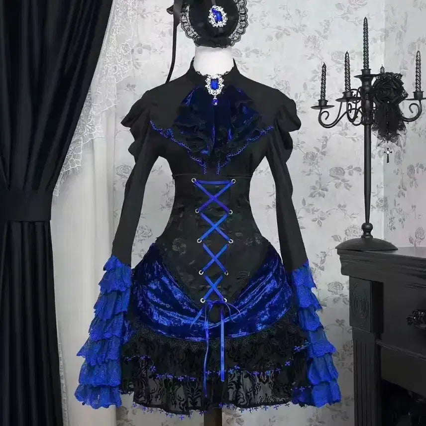 [BUNJANG] Lolita Black & Blue Dress Set Size S / 현물 로리타 블랙+블루 S사이즈 판매