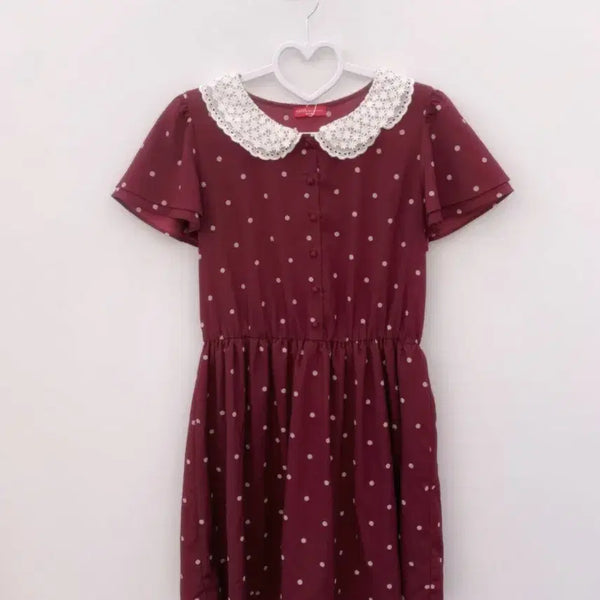 [BUNJANG] Vintage Earth Music Red Label Burgundy Polka Dot Dress with Double Lace Collar / 빈티지 어스뮤직 레드라벨 earthmusic 이중카라 버건디 도트 원피스
