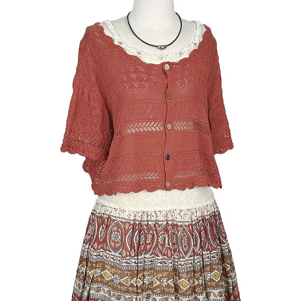 [BUNJANG] Japanese Vintage Wood Mix Button Punching Oversized Short Cardigan (Dark Red) / 일본빈티지 우드믹스버튼 펀칭오버루즈 숏가디건 다홍 모리걸갸루y2k히피에스닉