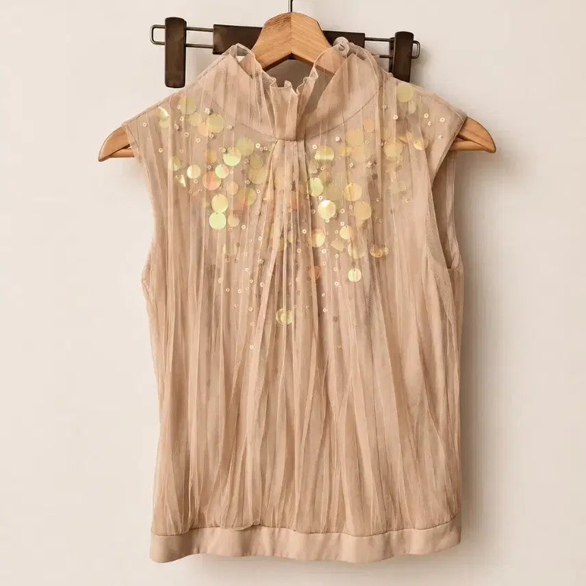 [BUNJANG] Obzee Kang Jin Young Sequin Sheer Shirring Sleeveless Blouse Beige / [오브제 강진영] 스팽글 시스루 셔링 민소매 블라우스 (82-155 / 44~55추천)