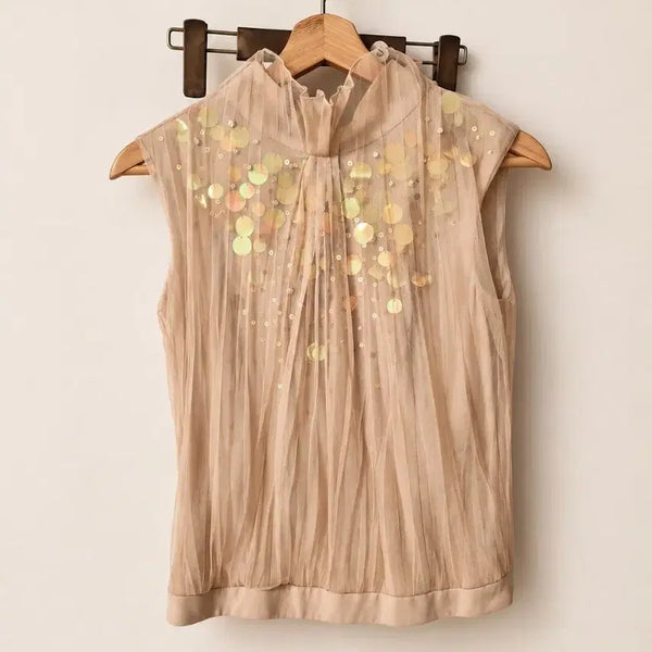 [BUNJANG] Obzee Kang Jin Young Sequin Sheer Shirring Sleeveless Blouse Beige / [오브제 강진영] 스팽글 시스루 셔링 민소매 블라우스 (82-155 / 44~55추천)