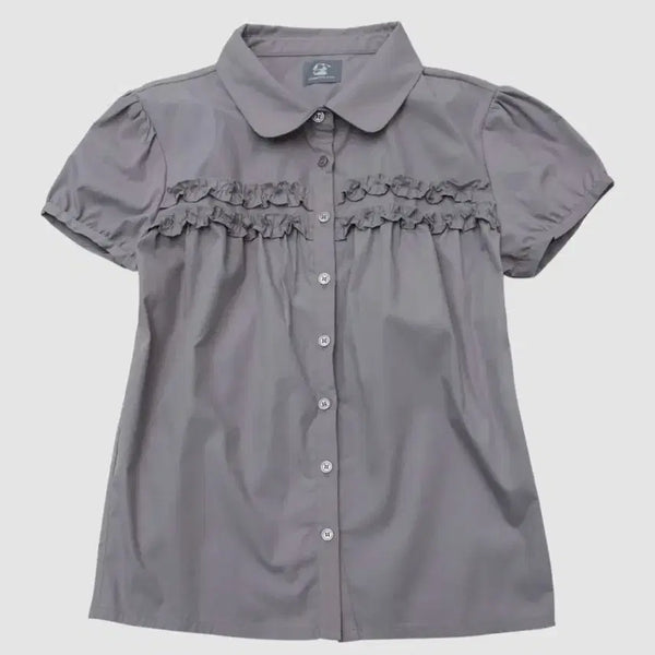 [BUNJANG] Someplace Double Frill Point Puff Sleeve Round Collar Short Sleeve Blouse - Purple / 썸플레이스 더블 프릴 포인트 퍼프 소매 라운드 카라 반팔 블라우스 셔츠 [퍼플]