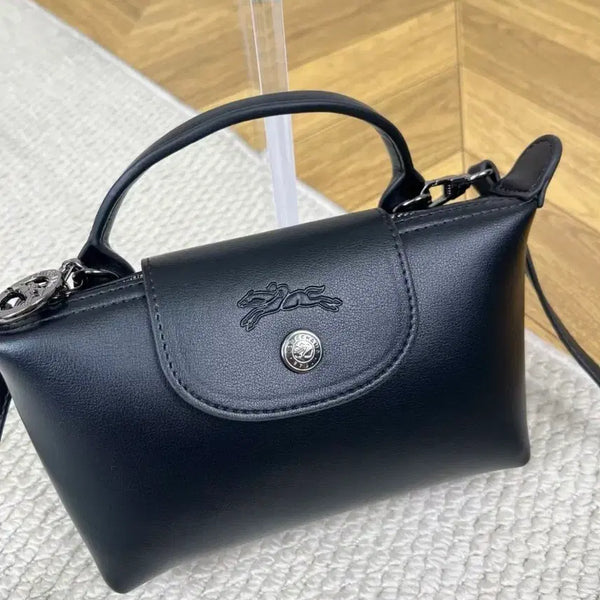 [BUNJANG] Longchamp Le Pliage Mini Tote Bag Black Leather Handle Cross Strap / Longchamp 미니 토트백 검은색 소가죽 손잡이 크로스 스트랩 포함 새상품급 중고가방