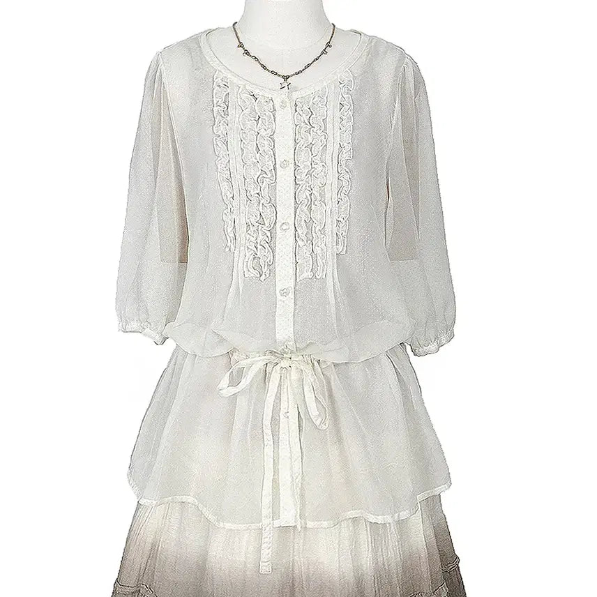 [BUNJANG] Japanese Vintage Chiffon Polka Dot Frill Balloon Blouse / 일본빈티지 쉬폰 미니도트땡땡이 프릴벌룬 허리셔링끈블라우스티 모리걸갸루y2k히피에스닉