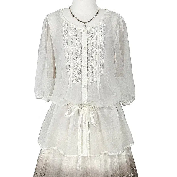 [BUNJANG] Japanese Vintage Chiffon Polka Dot Frill Balloon Blouse / 일본빈티지 쉬폰 미니도트땡땡이 프릴벌룬 허리셔링끈블라우스티 모리걸갸루y2k히피에스닉