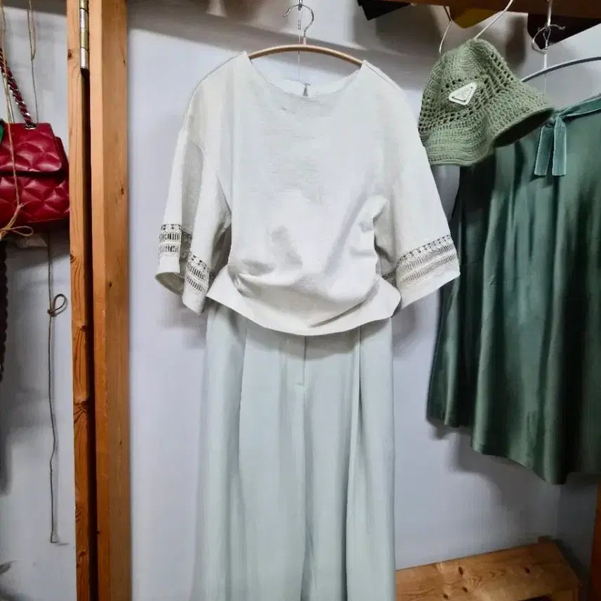 [BUNJANG] Jook Mint Edge Tee & Satin Mint Wide Pants Set / 주크민트엣지티. 샤틴민트팬츠