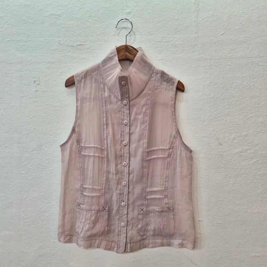 [BUNJANG] Japanese Vintage Light Pink Sheer High Neck Sleeveless Vest Outerwear / 연핑크 시스루 하이넥 민소매 베스트 아우터 일본빈티지
