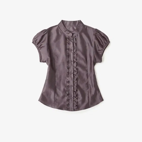 [BUNJANG] Helene Paris Stand Collar Frill Edge Half Shirt / 헬레네파리스 스탠드 카라 프릴 엣지 하프 셔츠 [샤크]