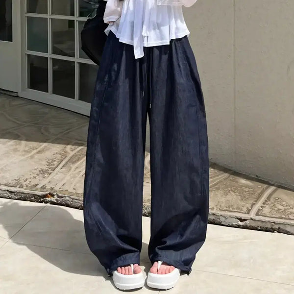 [BUNJANG] Summer Cooling Side Pin Tuck Raw Denim Banding Wide Women's Pants / 에이블리 지그재그 이염X 여름 쿨링 사이드핀턱 생지 데님 밴딩 와이드 여성 팬츠 바지