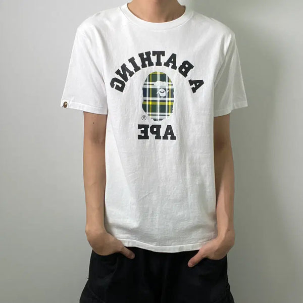 [BUNJANG] Bape Check College White Short Sleeve T-Shirt M / 베이프 체크 컬리지 화이트 반팔 티셔츠 M