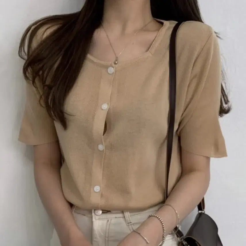 [BUNJANG] Square Neck Button-Front Knit Cardigan T-Shirt / 앞단추 스퀘어 니트 티셔츠 가디건