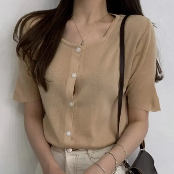[BUNJANG] Square Neck Button-Front Knit Cardigan T-Shirt / 앞단추 스퀘어 니트 티셔츠 가디건