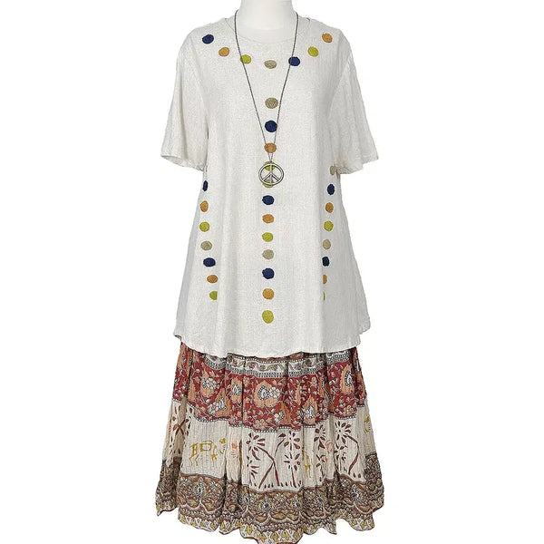 [BUNJANG] Vintage Linen Blend Dot Mix Color Pattern A-Line Short Sleeve Dress Oatmeal / 일본빈티지 린넨혼방 도트믹스컬러패턴 A라인반팔원피스 오트밀 모리걸갸루y2k히피에스닉