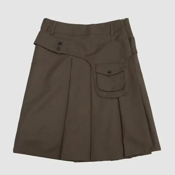 [BUNJANG] Place Studio Essential Button Pocket Belted Layered Asymmetric Pleated Midi Skirt Brown / 플레이스스튜디오 에센셜 버튼 포켓 벨티드 레이어드 언발 플리츠 미디 스커트 브라운