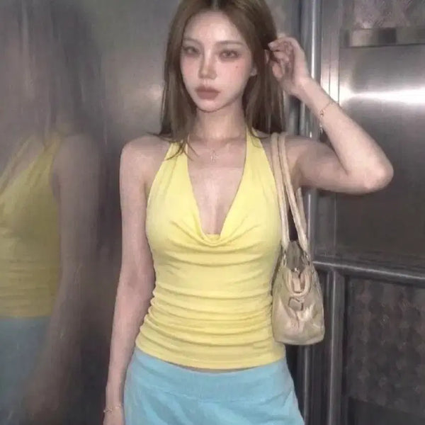 [BUNJANG] Lemoncore Ribbed Drape Halterneck Sleeveless Top / 레몬코어 골지 드레이프 홀터넥 민소매 나시