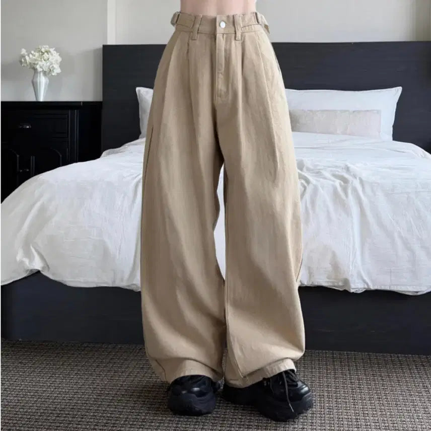 [BUNJANG] Women's Pinched Wide Beige Cotton Pants (Small) / 여성 핀턱 와이드 베이지 코튼 면 팬츠 스몰