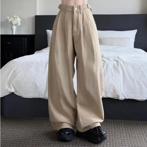 [BUNJANG] Women's Pinched Wide Beige Cotton Pants (Small) / 여성 핀턱 와이드 베이지 코튼 면 팬츠 스몰