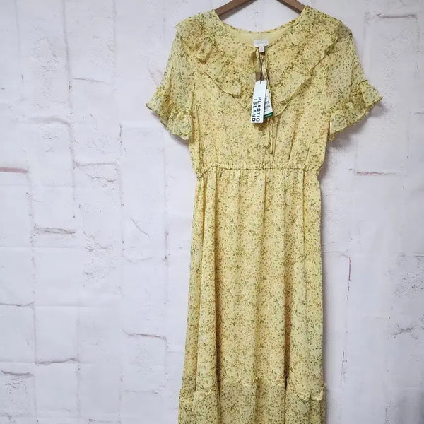 [BUNJANG] Plastic Island Yellow Floral Chiffon Midi Dress / 플라스틱 아일랜드 플로럴 쉬폰 원피스 옐로우