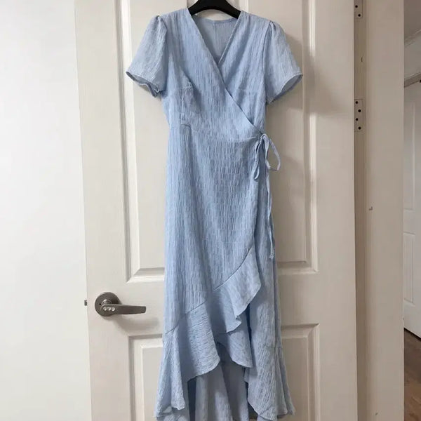 [BUNJANG] Seersucker Puff Sleeve Wrap Maxi Dress / 시어서커 주름 플리츠 프릴 셔링 여름 반팔 랩 롱 맥시 원피스 55