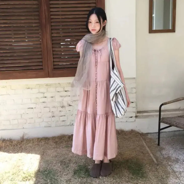 [BUNJANG] Ethnic Pink Puff Vintage Long Dress / 에스닉 캉캉 분홍 퍼프 빈티지 롱원피스