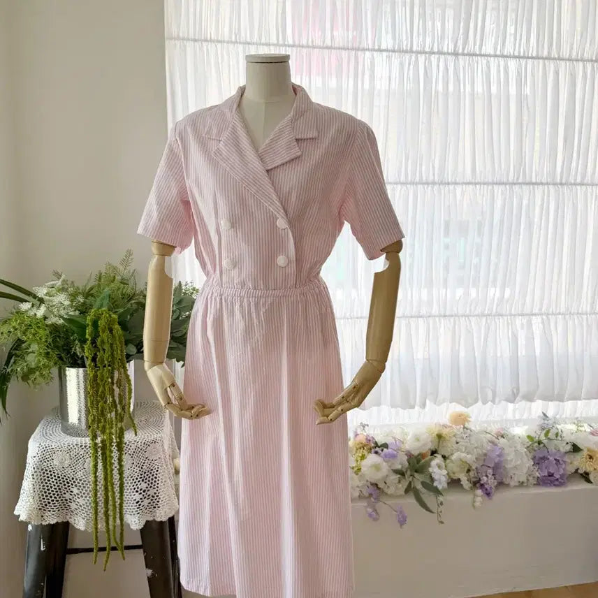 [BUNJANG] Vintage Pink Stripe Double-Button Dress / 핑크 스트라이프 더블버튼 원피스