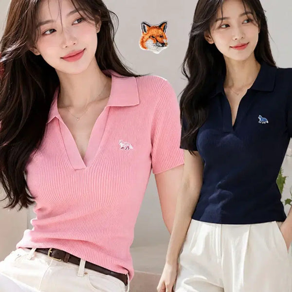 [BUNJANG] Maison Kitsuné Baby Fox Patch Fine Knit Short Sleeve V-Neck Polo T-Shirt (Navy / Pink) / 정품/새상품)메종키츠네 베이비폭스 패치 파인 니트 반팔 브이넥 카라티 (네이비 / 핑크)