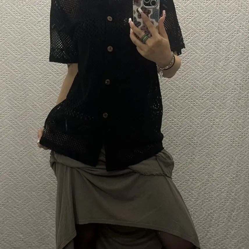 [BUNJANG] Vintage Bohemian Punching Short Sleeve Button Cardigan / 빈티지 재팬 보헤미안 펀칭 여름 반팔 단추 가디건 K0552