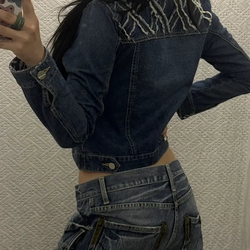 [BUNJANG] Plastic Island Western Tassel Patchwork Denim Jacket K0553 / 플라스틱 아일랜드 웨스턴 태슬 패치워크 데님 청자켓 K0553