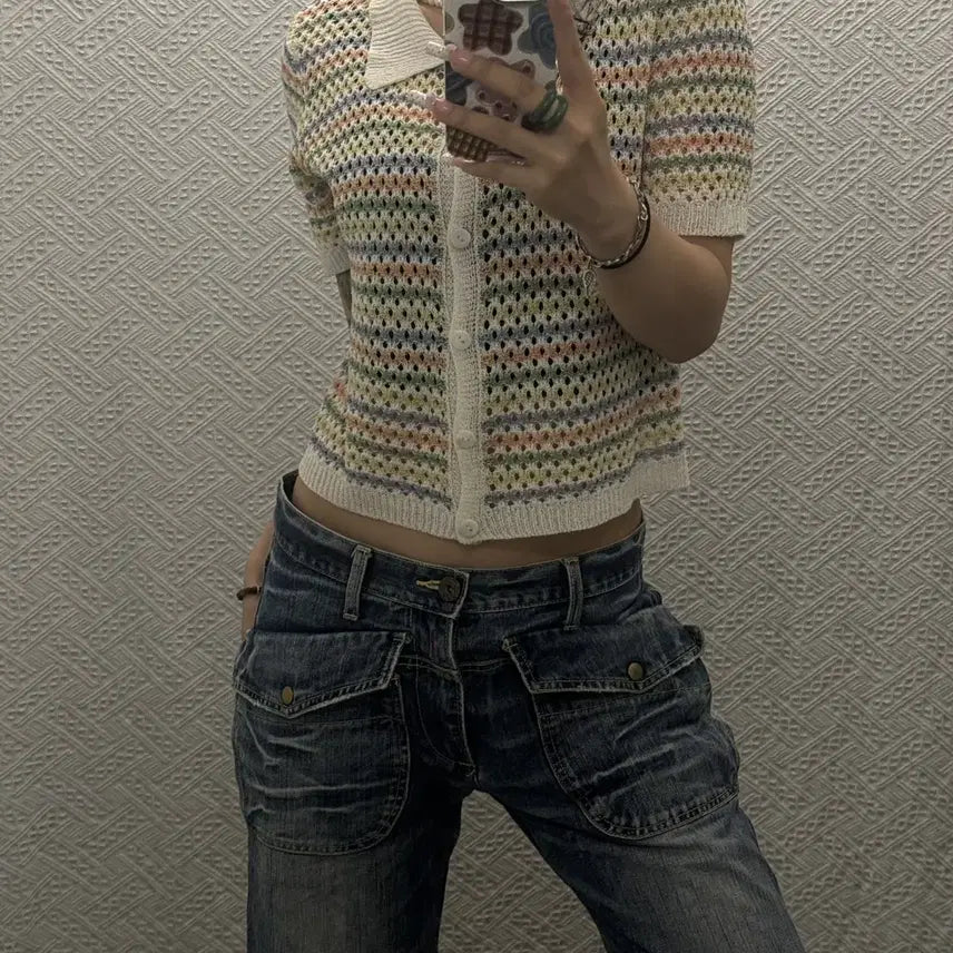 [BUNJANG] Vintage Japan Rainbow Cotton Candy Stripe Short Sleeve Cardigan K0554 / 빈티지 재팬 레인보우 코튼캔디 스트라이프 반팔 가디건 K0554