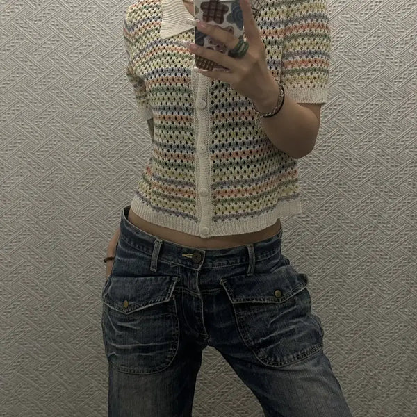 [BUNJANG] Vintage Japan Rainbow Cotton Candy Stripe Short Sleeve Cardigan K0554 / 빈티지 재팬 레인보우 코튼캔디 스트라이프 반팔 가디건 K0554