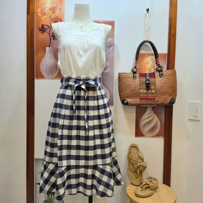 [BUNJANG] Club Monaco Gingham Check Ribbon Flare Skirt / 클럽모나코 깅엄체크 리본 프릴 플레어 스커트