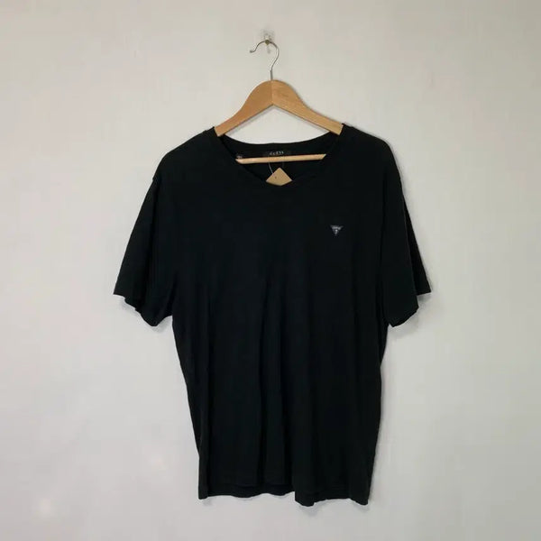 [BUNJANG] GUESS Logo V-Neck Men's Basic Short Sleeve T-Shirt Black 2XL / GUESS 게스 로고 브이넥 남성 기본 반팔티 블랙 2XL