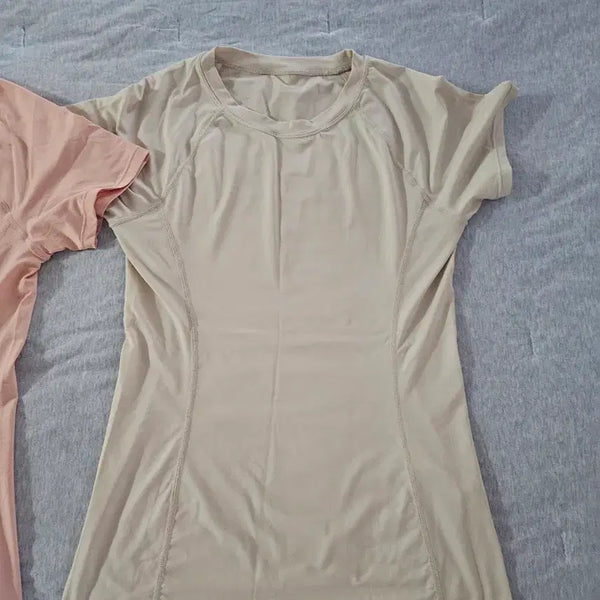 [BUNJANG] Andar Pink & Beige Short-Sleeve Athletic Tops - Set / 안다르 헬스 요가 필라테스 상의 두벌 가격