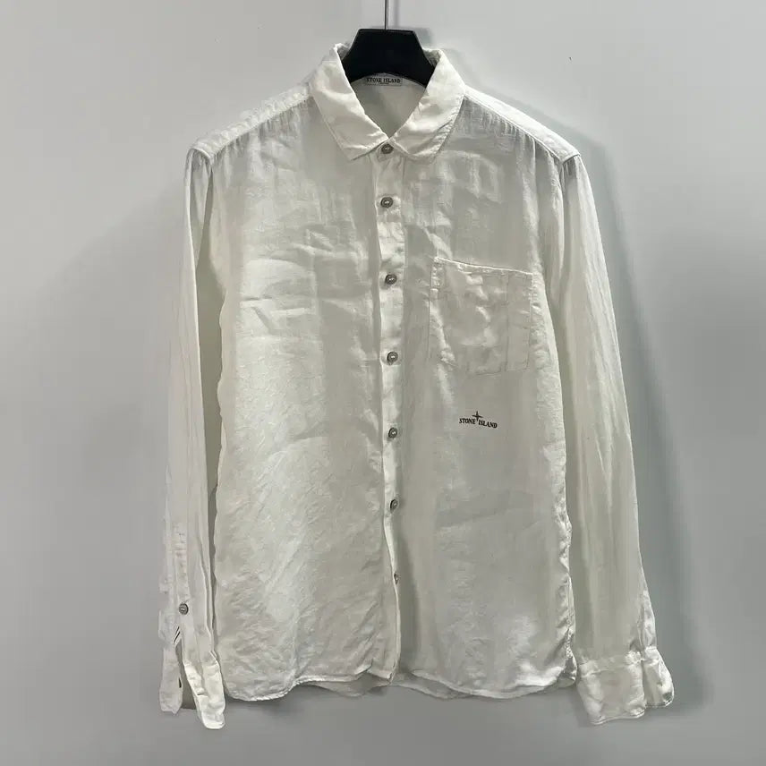 [BUNJANG] Stone Island Logo White Linen Shirt / 스톤아일랜드 로고 화이트 린넨 셔츠 (on.1688)